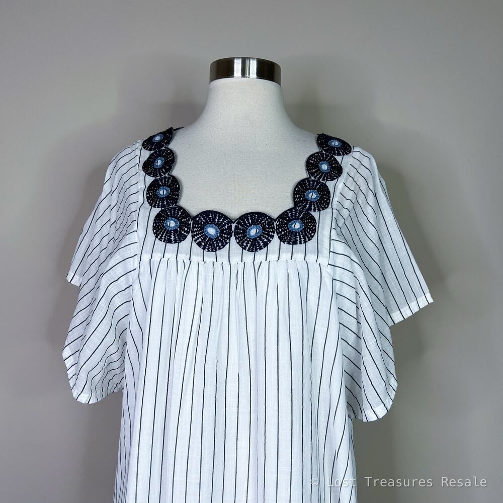 Madewell | White Navy Stripe Embroidered Flutter Sleeve Shift Cotton Dress Small - Picture 3 of 10